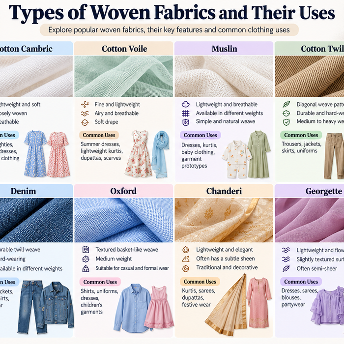 Types of woven fabrics including cotton poplin, cambric, voile, twill, satin and Chanderi