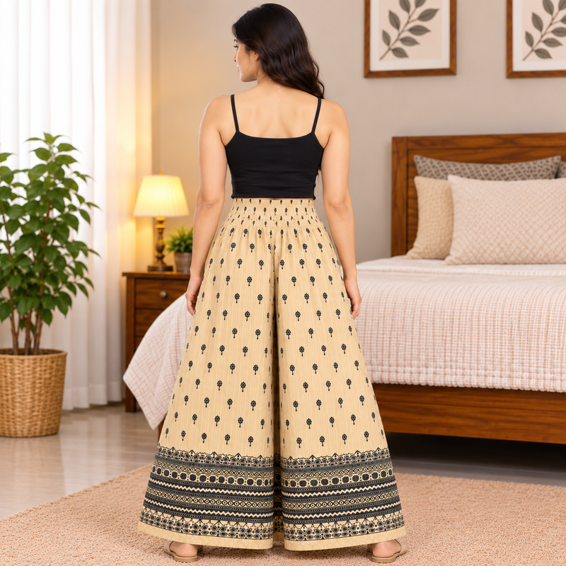 Women's Beige Printed Palazzo Pants with Elastic Waist-back view