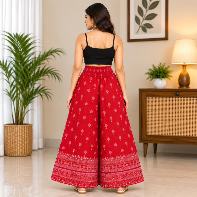 Women's Red Printed Palazzo Pants with Elastic Waistband- back view