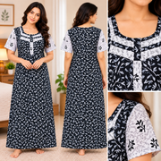Beauty women's black cotton nighty with white leafy botanical print, contrast sleeves, front zip and one side pocket