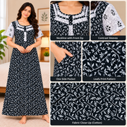 Beauty women's black cotton nighty with white leafy botanical print, contrast sleeves, front zip and one side pocket