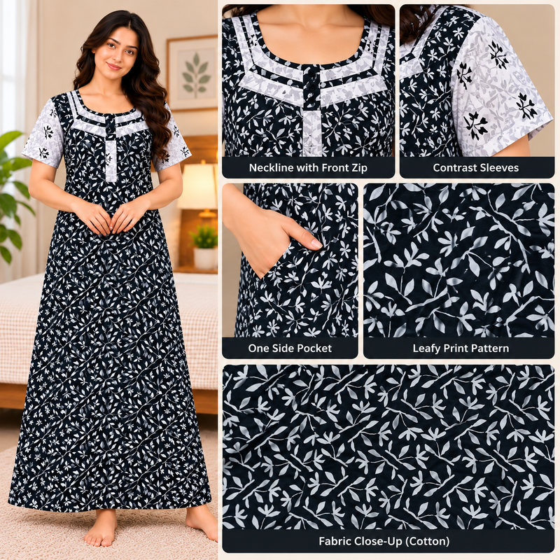 Beauty women's black cotton nighty with white leafy botanical print, contrast sleeves, front zip and one side pocket