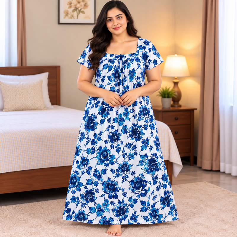 லக்ஷ்மி 3XL ப்ளூ ஃபுளோரல் பிரிண்டட் பெண்களுக்கான நைட் டிரஸ், டைட்டானிக் நெக்லைனுடன்