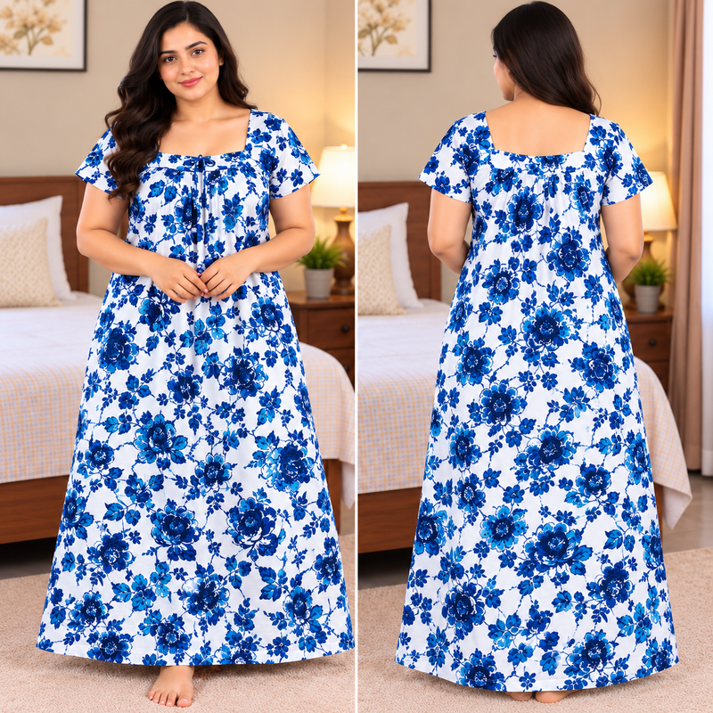 லக்ஷ்மி 3XL ப்ளூ ஃபுளோரல் பிரிண்டட் பெண்களுக்கான நைட் டிரஸ், டைட்டானிக் நெக்லைனுடன்