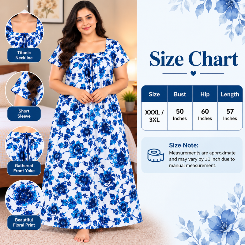 லக்ஷ்மி 3XL ப்ளூ ஃபுளோரல் பிரிண்டட் பெண்களுக்கான நைட் டிரஸ், டைட்டானிக் நெக்லைனுடன்