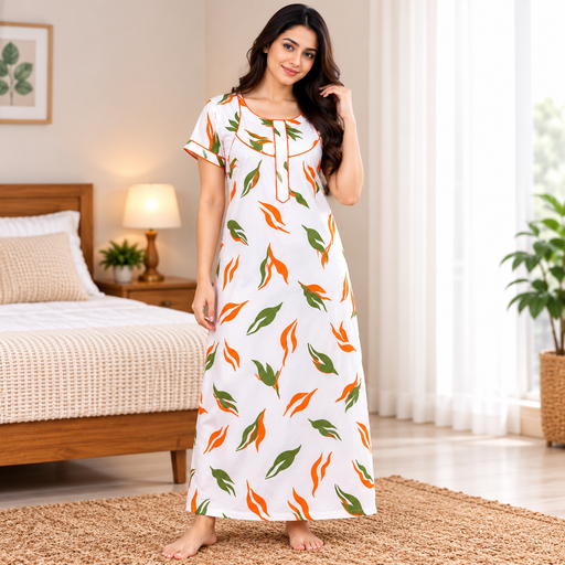yoga-cotton-nighty-orange-green-leaf-print-Front View
