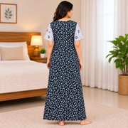 Beauty women's black cotton nighty with white leafy botanical print, contrast sleeves, front zip and one side pocket