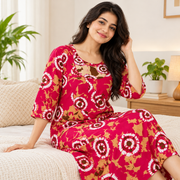 Yoga women's magenta red cotton nighty with white brown and beige circular print
