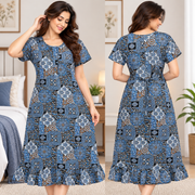 Woman wearing Veni's cotton printed frock nighty