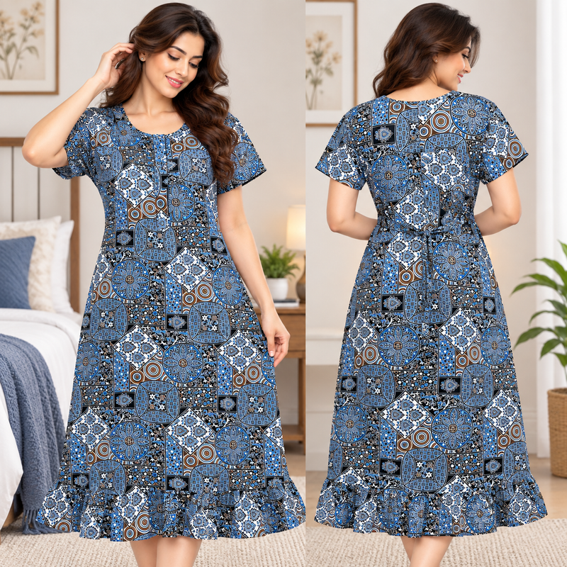 Woman wearing Veni's cotton printed frock nighty