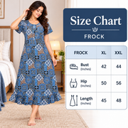 A woman wearing a blue patterned frock nightgown stands in a bedroom, with an overlaid size chart table on the right showing measurements for XL and XXL.