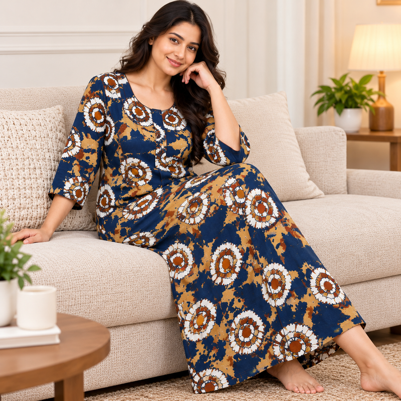Yoga Women's 3/4 Sleeve Cotton Nighty – Navy Blue Printed Nightgown