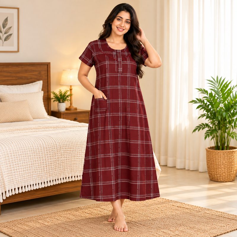 Veni’s Women’s Maroon Checked Cotton Nighty with Front Open Zip