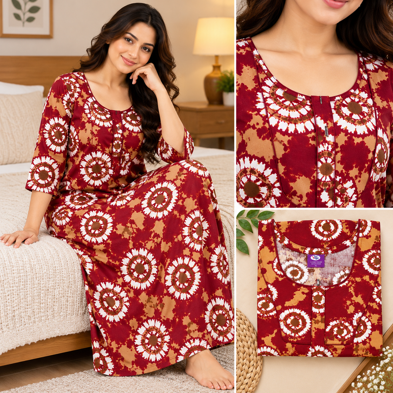 Yoga Women's Maroon Printed Cotton Nighty – 3/4 Sleeve