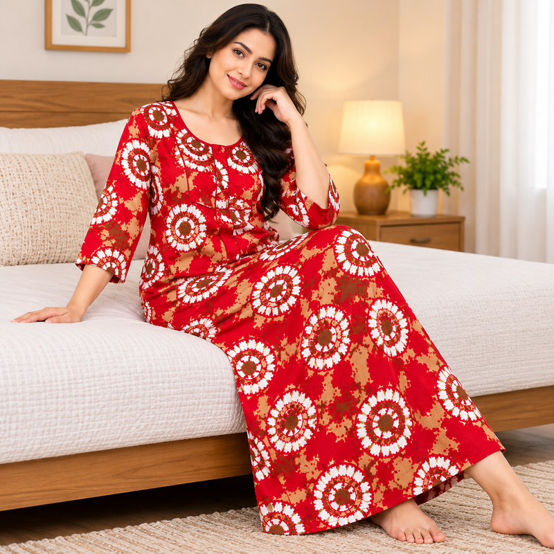 Yoga Women's Red Printed Cotton Nighty – 3/4 Sleeve