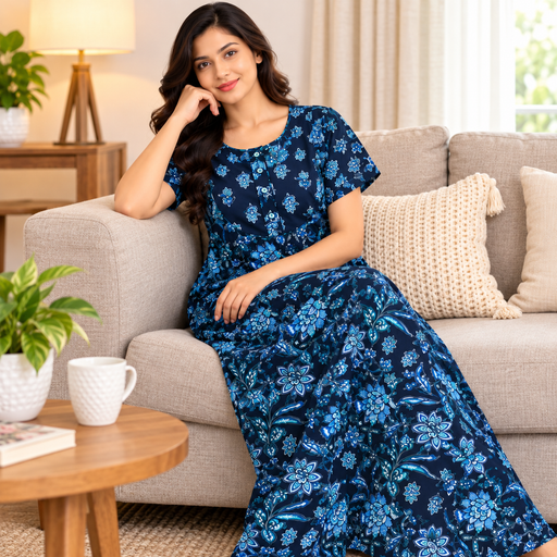 Navy blue floral printed cotton nighty for women by Pranjul