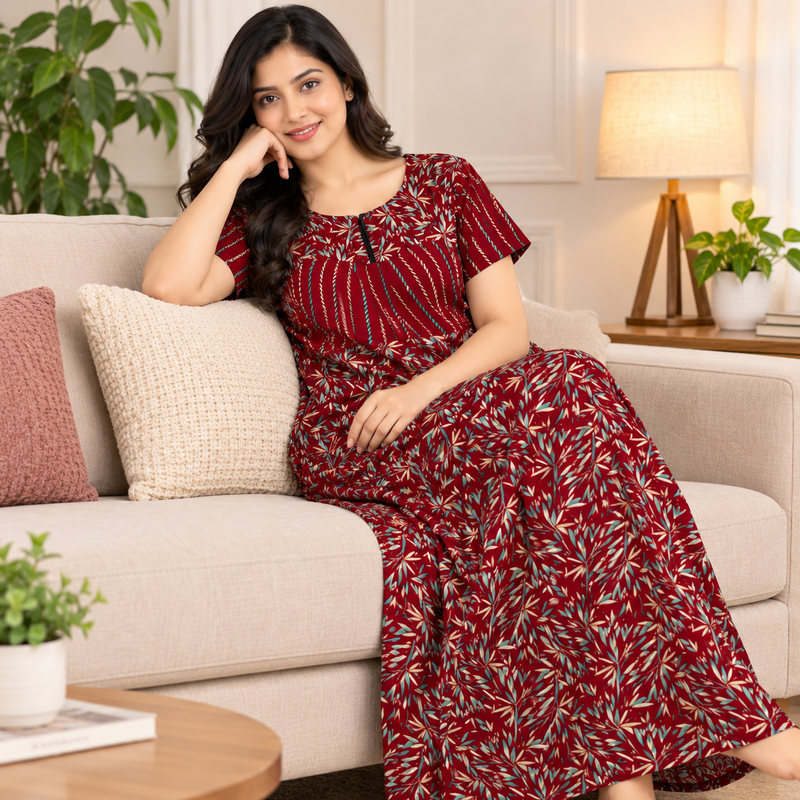 Pranjul 1813 Maroon Leaf-Print Nighty for Women