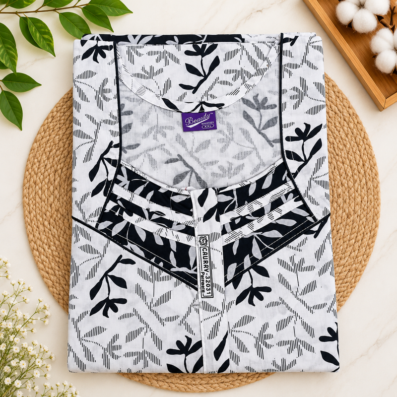 Beauty white cotton nighty with black leafy botanical print, contrast sleeves, front zip and one side pocket