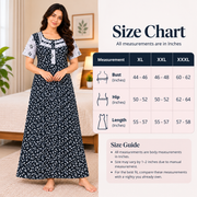 Beauty women's black cotton nighty with white leafy botanical print, contrast sleeves, front zip and one side pocket