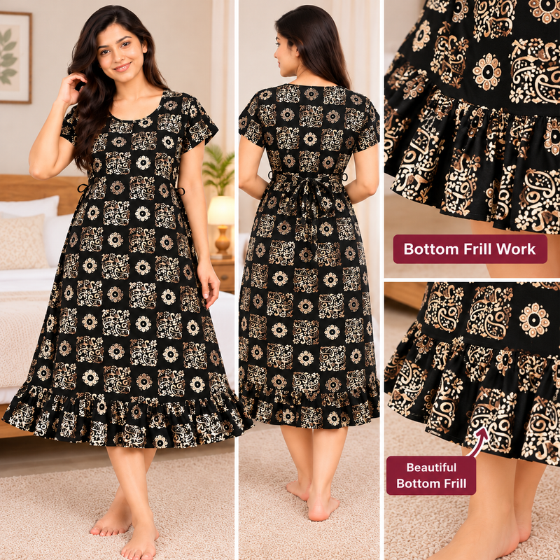 Luxmi Black Floral Printed Cotton Frock Nighty for Women