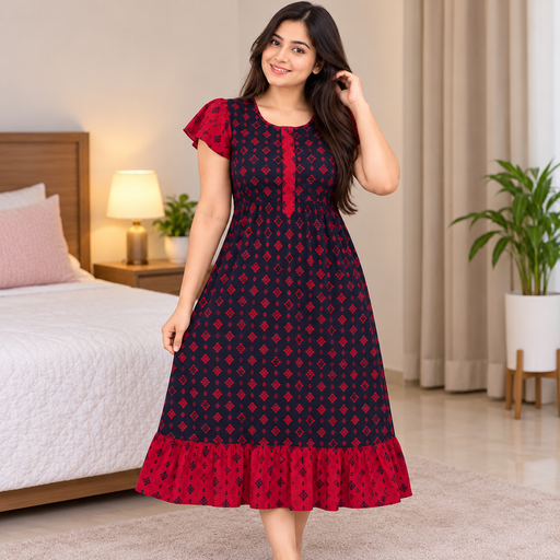 A woman modeling a navy blue and red patterned midi dress in a bedroom setting. The dress features a red ruffled hem, short flutter sleeves with red trim, and a red button placket down the center.