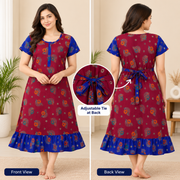 Women's maroon floral cotton frock nighty with royal-blue sleeves
