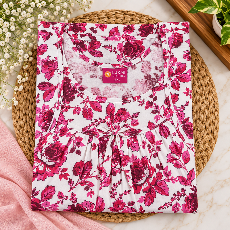 Luxmi Floral Printed Cotton Frock Nighty for Women – Pink & White Titanic Neck Nightgown