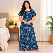 Pranjul 1820 navy blue floral cotton nighty front view