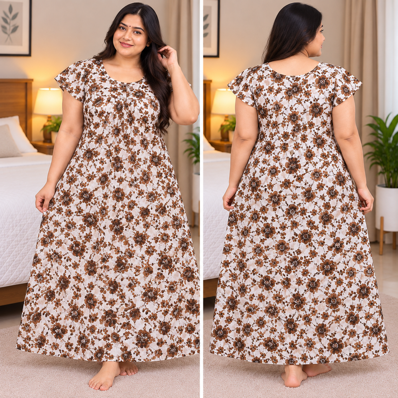 Women’s 3XL Floral Printed Frock Nighty with Titanic Neck – Full Length Nightwear