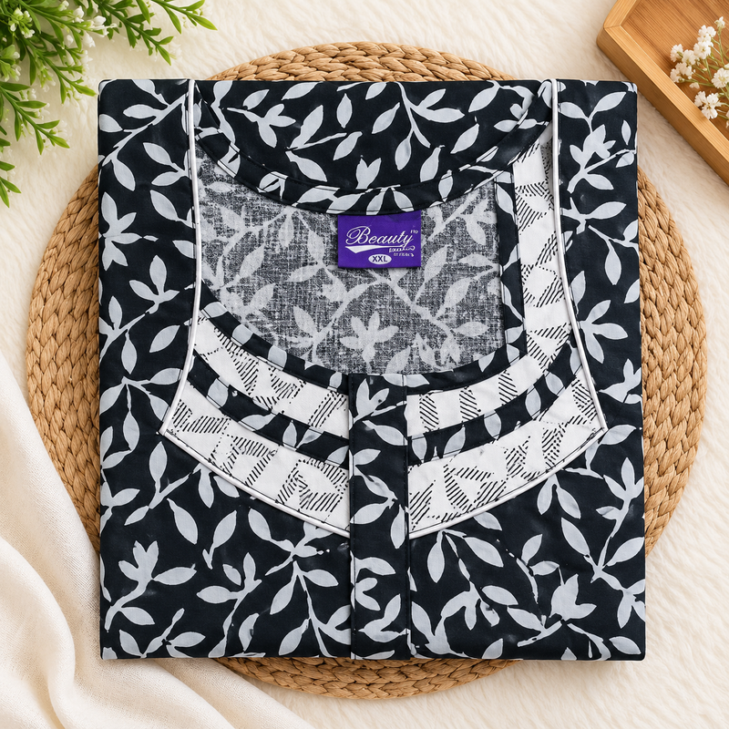 Beauty women's black cotton nighty with white leafy botanical print, contrast sleeves, front zip and one side pocket