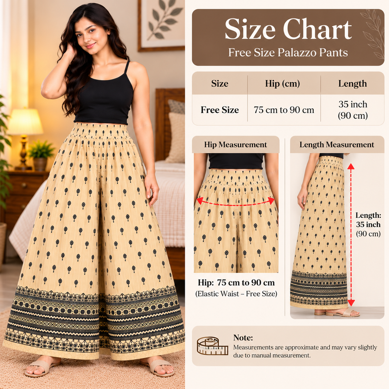 Women's Beige Printed Palazzo Pants with Elastic Waist -size chat