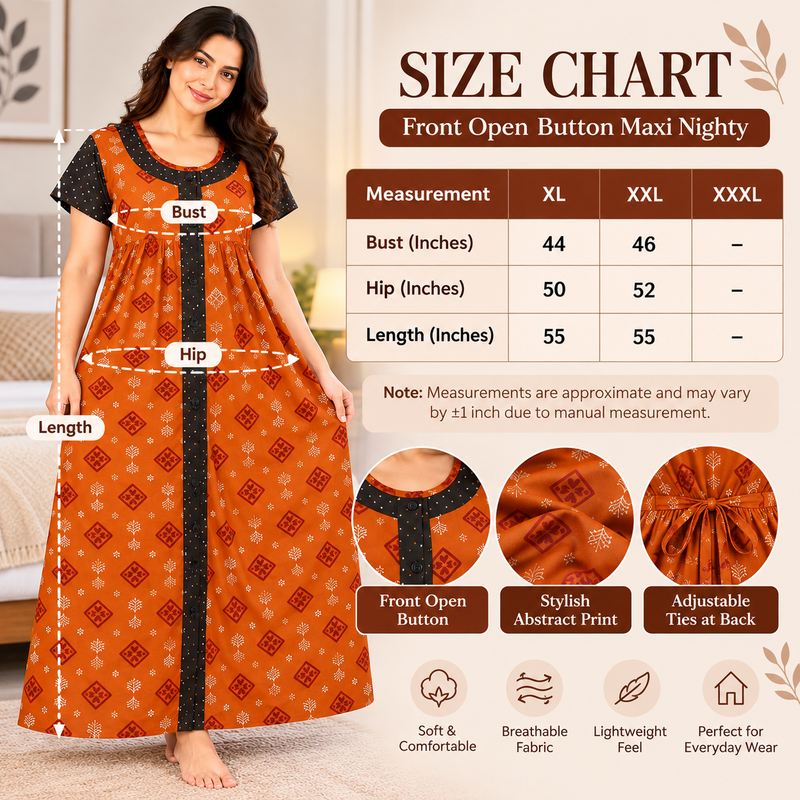 Yoga Cotton Full Open Nighty for Women – Rust Orange Printed