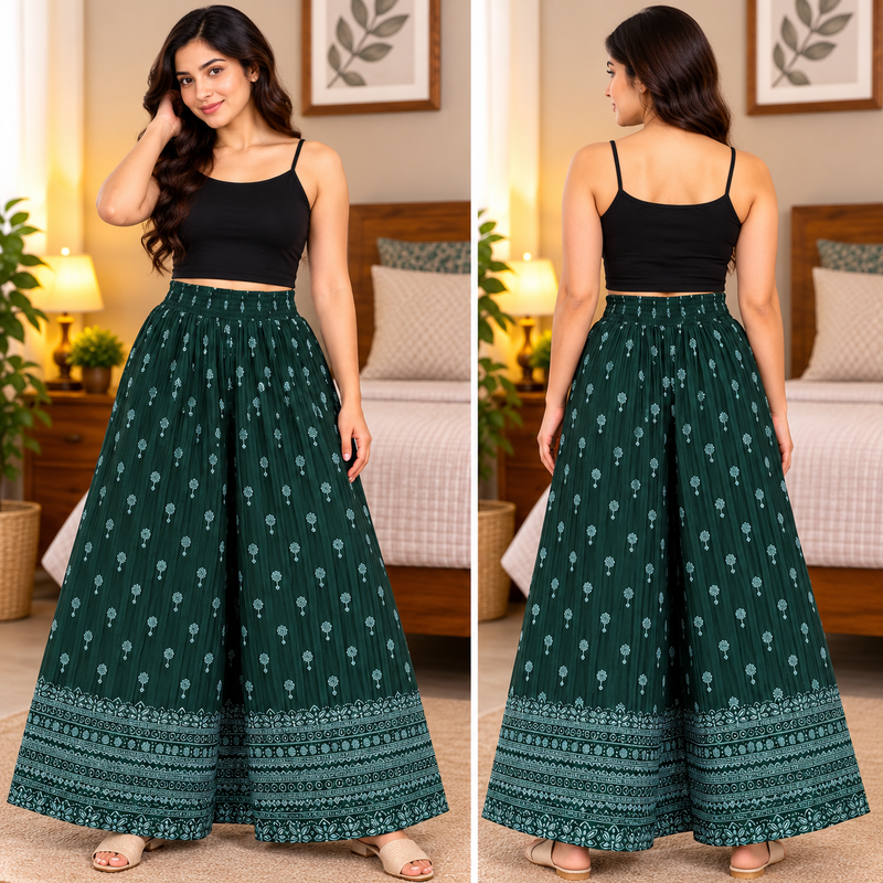 Women's Dark Green Printed Elephant Palazzo Pants with Elastic Waist