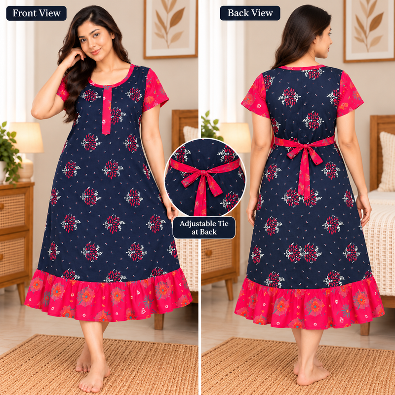 Veni’s Dark Navy Blue Cotton Frock Nighty with Front Open Zip