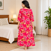 Yoga women's magenta red cotton nighty with white brown and beige circular print
