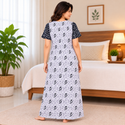 Beauty white cotton nighty with black leafy botanical print, contrast sleeves, front zip and one side pocket