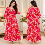 Yoga women's magenta red cotton nighty with white brown and beige circular print