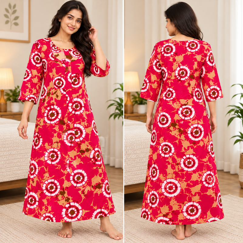 Yoga women's magenta red cotton nighty with white brown and beige circular print