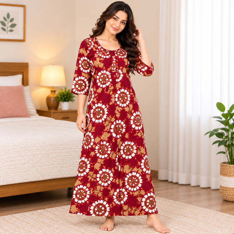 Yoga Women's Maroon Printed Cotton Nighty – 3/4 Sleeve