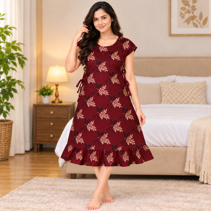 Luxmi Maroon Floral Printed Mid-Length Frock Nighty with Adjustable Side Ties