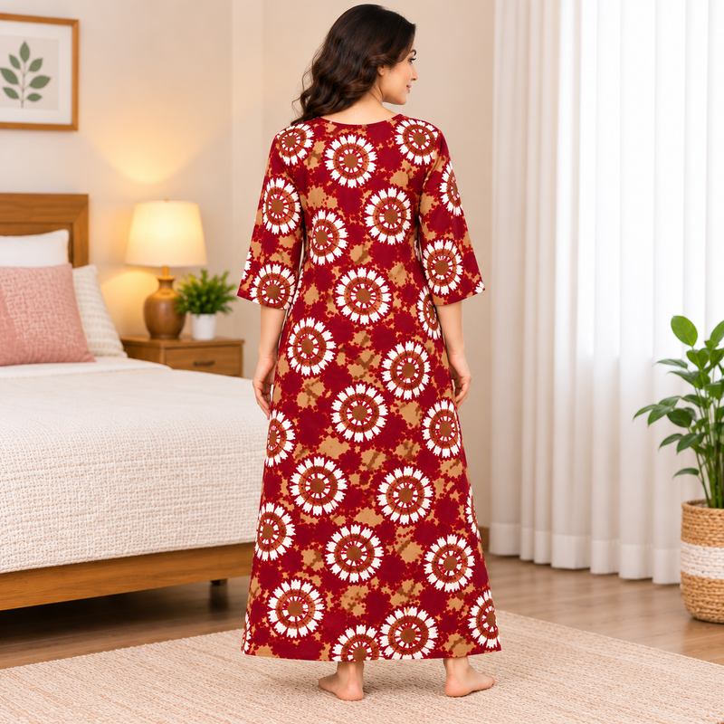 Yoga Women's Maroon Printed Cotton Nighty – 3/4 Sleeve