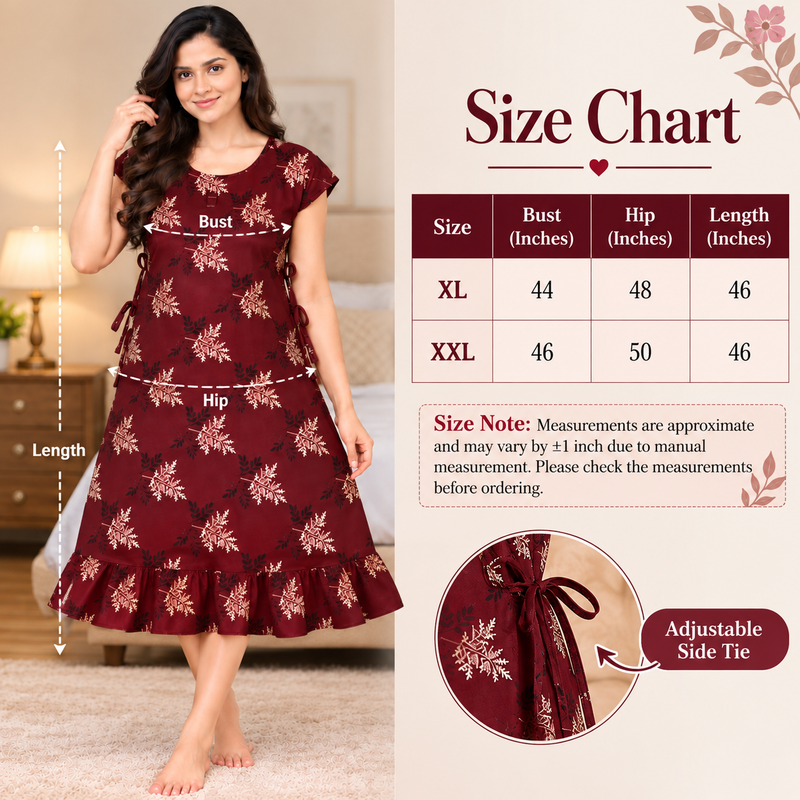Luxmi Maroon Floral Printed Mid-Length Frock Nighty with Adjustable Side Ties
