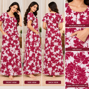 Maroon and white floral print cotton fabric close-up
