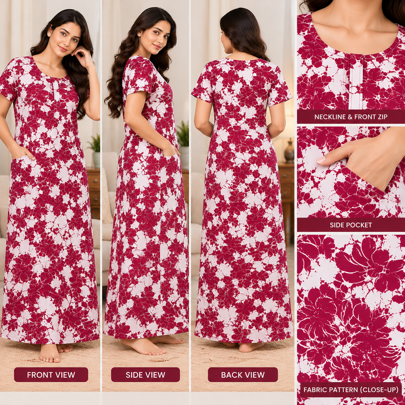 Maroon and white floral print cotton fabric close-up