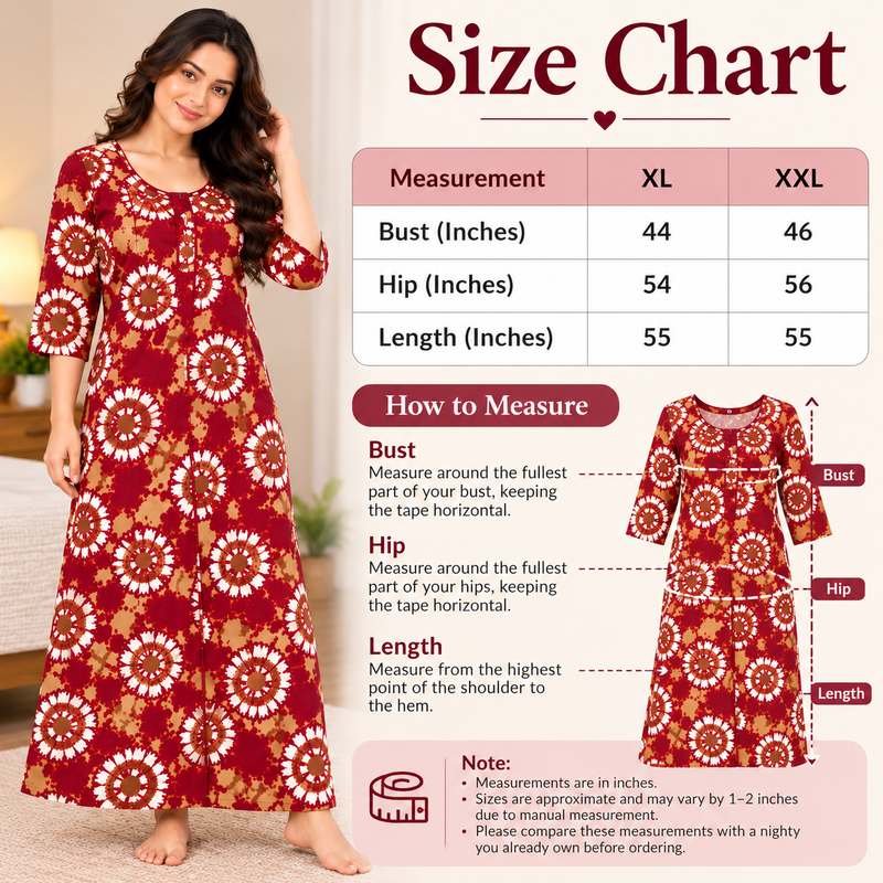 Yoga Women's Maroon Printed Cotton Nighty – 3/4 Sleeve