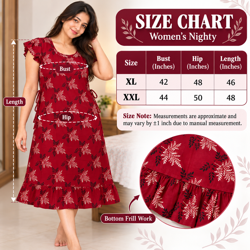 Luxmi Floral Printed Frock Nighty with Side Adjustable Ties – Maroon Red