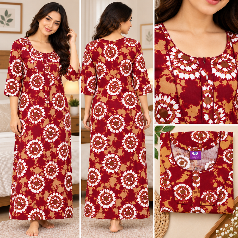 Yoga Women's Maroon Printed Cotton Nighty – 3/4 Sleeve