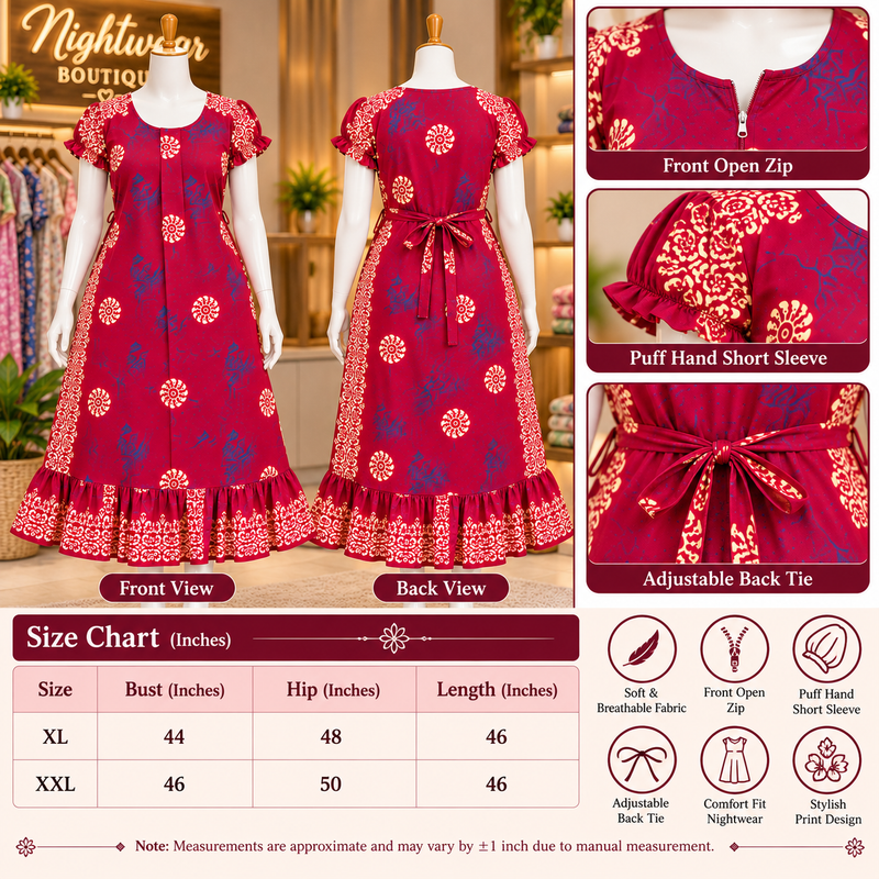 Vanitha Women's Cotton Frock Nighty – Magenta Floral Print