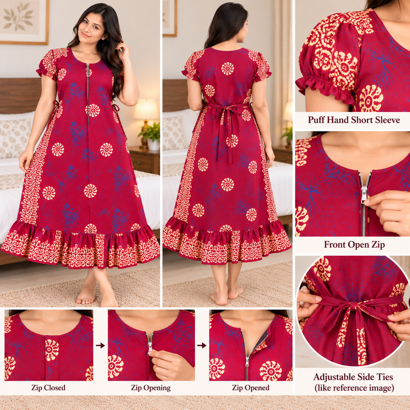 Vanitha Women's Cotton Frock Nighty – Magenta Floral Print