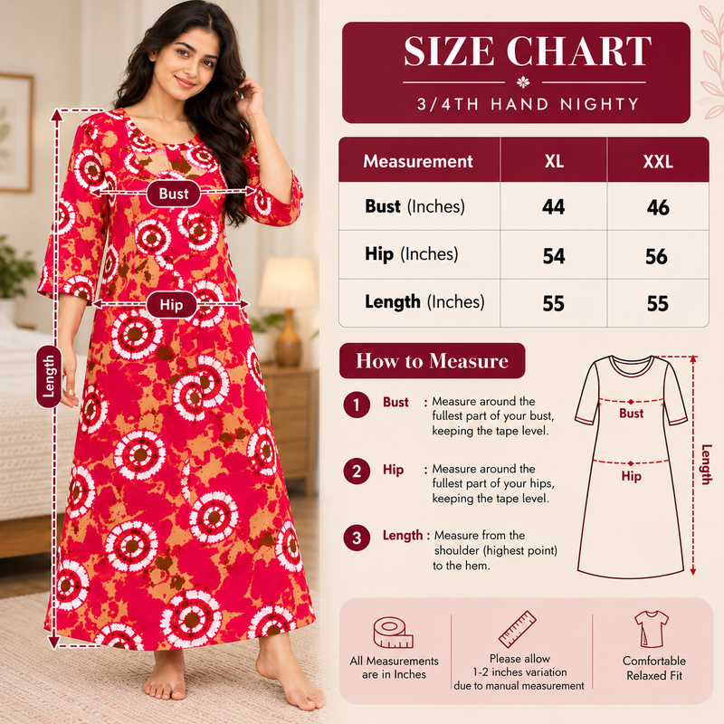 Yoga women's magenta red cotton nighty with white brown and beige circular print